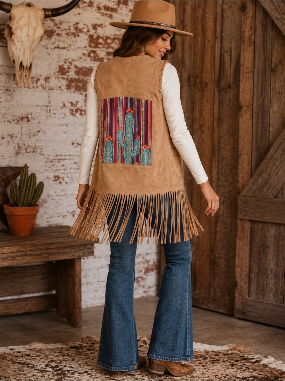 April Sky Boho Southwestern Faux Suede Fringe Vest Cactus Embroidered Small